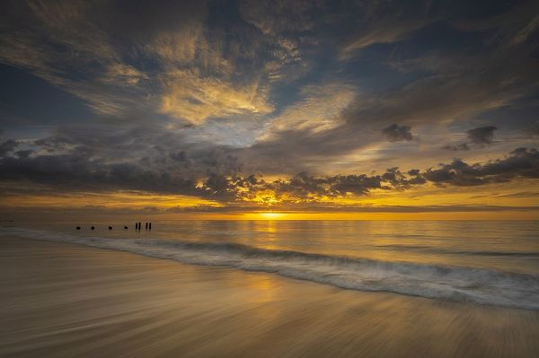 Jaynes Gallery 아티스트의 USA-New Jersey-Cape May National Seashore Sunrise on pier posts on ocean shore작품입니다.